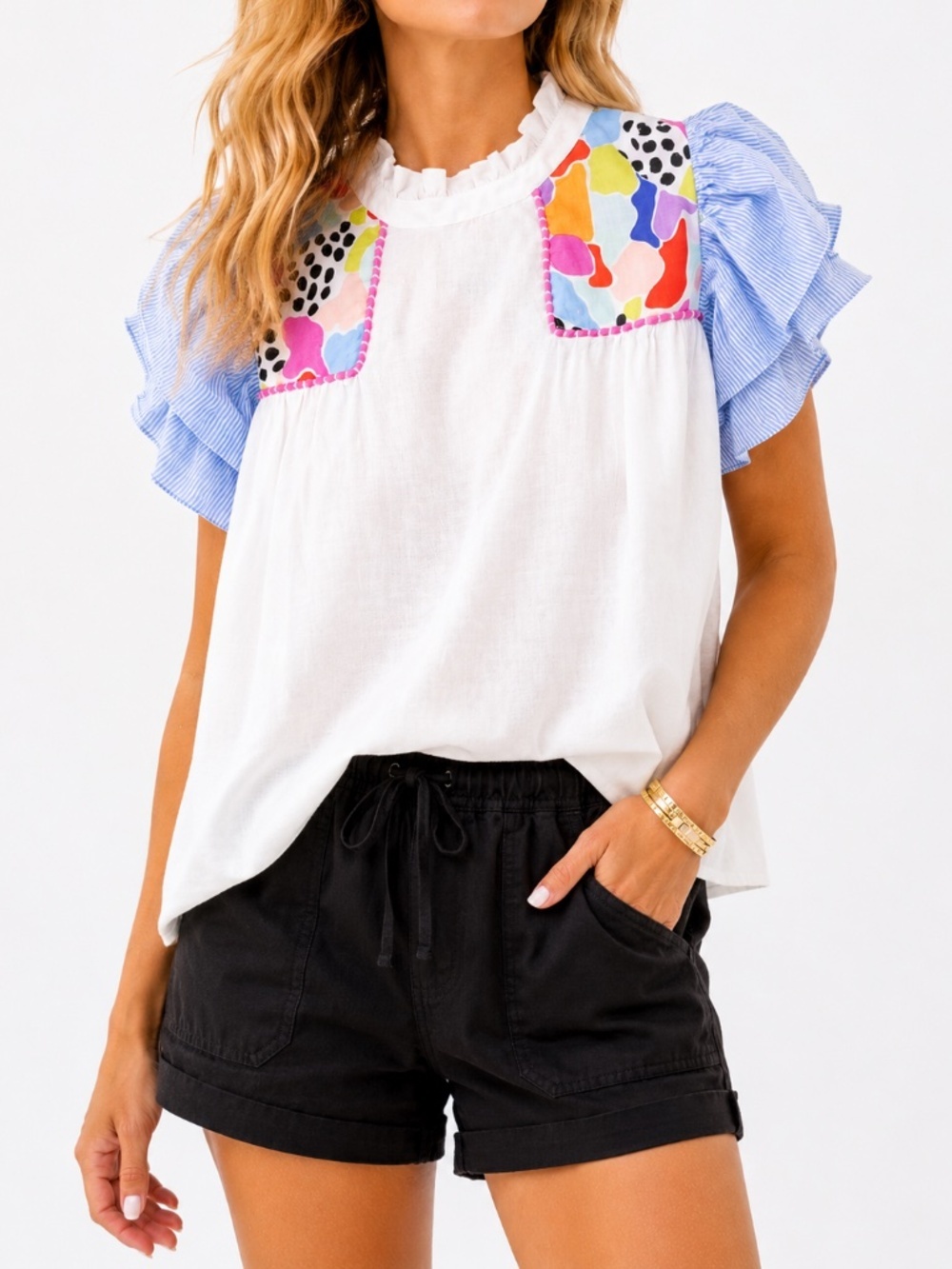 THML Colorful Puff Sleeve Blouse Medium Abstract Print Babydoll Top - Picture 2 of 8